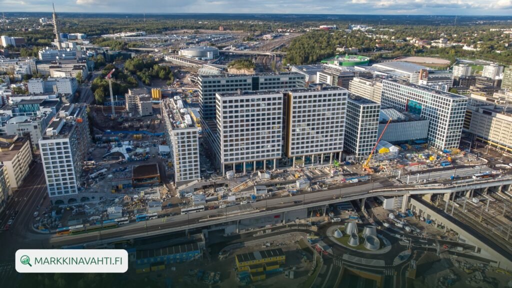 Triplan rakennustyömaa ilmasta Keski-Pasilassa Helsingissä